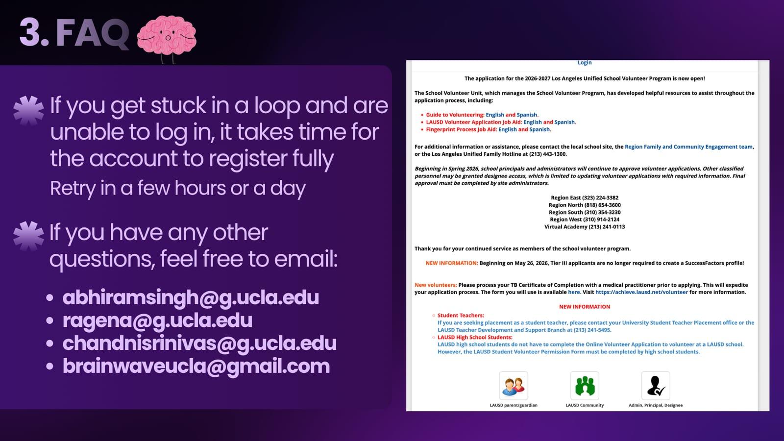 Step 3: FAQ and contact emails for help with the LAUSD sign-up.
